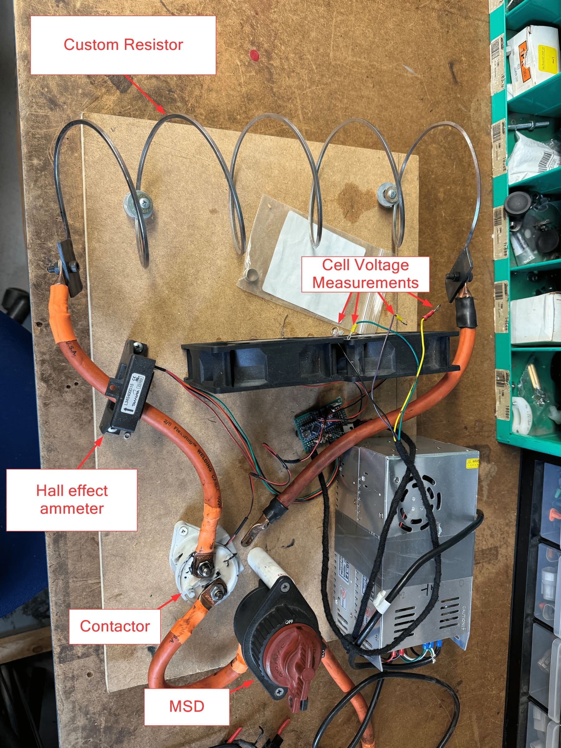 Custom steel resistor built for the module test bench